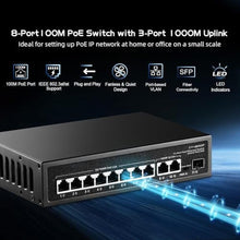 Load image into Gallery viewer, 11 Port POE Switch, 8 POE+ 10/100Mbps, 2 Gigabit Uplink, 1 Gigabit SFP, IEEE802.3af/at, 135W Power Supply, Metal Case Unmanaged Plug and Play Binardat Switch, Black_5828
