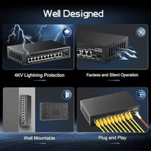 Load image into Gallery viewer, 11 Port POE Switch, 8 POE+ 10/100Mbps, 2 Gigabit Uplink, 1 Gigabit SFP, IEEE802.3af/at, 135W Power Supply, Metal Case Unmanaged Plug and Play Binardat Switch, Black_5831
