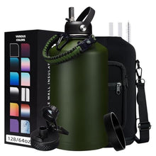 Load image into Gallery viewer, 128 OZ Insulated Water-Bottles with Strap - 1 Gallon Water Jug with Straw &amp; Spout Lid, Stainless Steel Large Water Bottle Leak Proof, Cold-48h Hot-24h Metal Water Flask w/Paracord Handle, Carrier Bag, ArmyGreen_1
