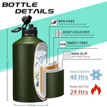 Load image into Gallery viewer, 128 OZ Insulated Water-Bottles with Strap - 1 Gallon Water Jug with Straw &amp; Spout Lid, Stainless Steel Large Water Bottle Leak Proof, Cold-48h Hot-24h Metal Water Flask w/Paracord Handle, Carrier Bag, ArmyGreen_1470
