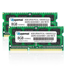 Load image into Gallery viewer, 16GB Kit (2x8GB) DDR3L/DDR3 10600S 1333MHz RAM, Royemai PC3L/PC3 10600 SODIMM 1.35V/1.5V CL9 2Rx8 Notebook Laptop Computer Memory Module, xgbddrsodimmvgreenlaptop_1
