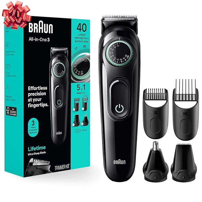 Braun All-In-One Style Kit Series 3 3450, 5-in-1 Trimmer for Men with Beard Trimmer, Ear & Nose Trimmer, Hair Clippers & More, Ultra-Sharp Blade, 40 Length Settings and Washable