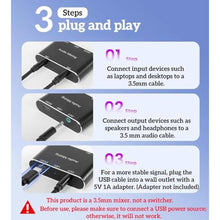 Load image into Gallery viewer, 2 Channel Stereo Audio Mixer,2 In 1 Out Mini Stereo Sound Mixer,Metal Shell,AUX Interface for PC,Phone,Laptop,Headphones,Speakers-Includes 3.3FT 1/8 Audio Cable, Black_5
