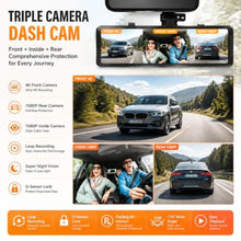 Load image into Gallery viewer, 3 Channel Mirror Dash Cam, 12" Triple Rear View Mirror with Front 4K, Inside and Rear 1080P Cameras with 5.8GHz WiFi, G-Sensor, Night Vision, Reverse Assist, Parking Monitor, MatteBlackChannel_1363

