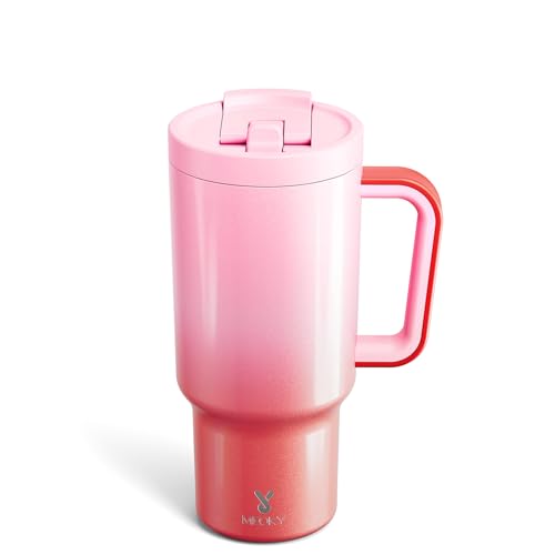 Meoky 32 oz Tumbler with Handle and Flip Straw, 100% Leakproof Tumbler with Lid and Straw, Stainless Steel Insulated Cup, Cupholder Friendly, Keeps Cold for 24 Hours (Flamingo)