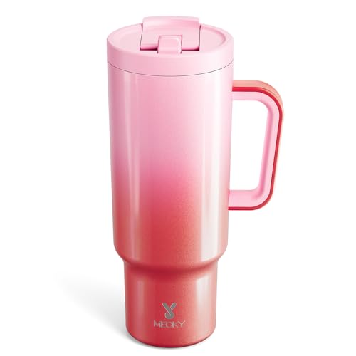 Meoky 40 oz Tumbler with Handle and Flip Straw, 100% Leakproof Tumbler with Lid and Straw, Stainless Steel Insulated Cup, Cupholder Friendly, Keeps Cold for 34 Hours (Flamingo)