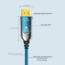Load image into Gallery viewer, DGHUMEN 65Ft Fiber Optic HDMI Cables 8K 48Gbps, [UPGATED] Metal Armor Jacket, Ultra High Speed HDMI 2.1 Cable, 8K@60Hz 4K@120Hz, Compatible for PlayStation 5 PC HDTV, Male-to-Male (65Feet)
