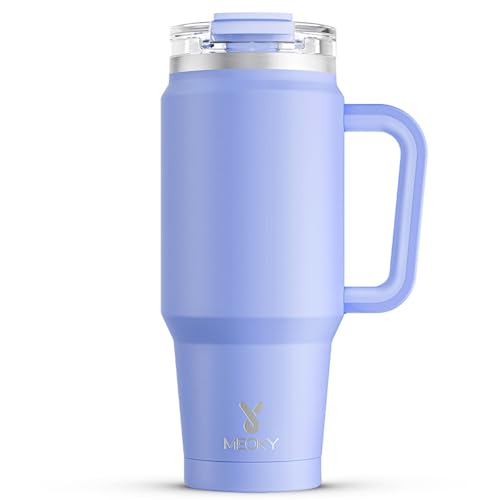 Meoky 32 oz Tumbler with Handle, Insulated Tumbler with Lid and Straw, Stainless Steel Travel Mug, Keeps Cold for 24 Hours, 100% Leak Proof, Fits in Car Cup Holder (Lilac)