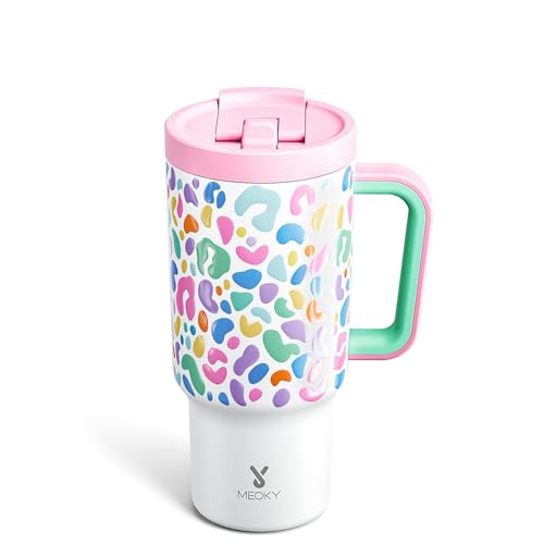 Meoky 32 oz Tumbler with Handle and Flip Straw, 100% Leakproof Tumbler with Lid and Straw, Stainless Steel Insulated Cup, Cupholder Friendly, Keeps Cold for 24 Hours (Leopard)