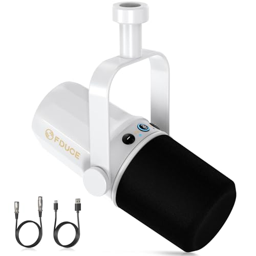FDUCE SL40 Dynamic Microphone for Podcasting, Gaming, Live Streaming and Recording, Built-in Headphone Output, LED Mute Button, All-Metal USB/XLR, Voice Isolation Technology (White)
