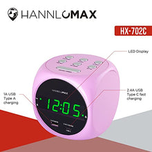 Load image into Gallery viewer, HANNLOMAX HX-702C Digital Clock with Dual Alarm, 0.7" Green LED Display. Dual USB Ports (USB-A &amp; Type-C) for Charging, AC Operation only. (Pink)
