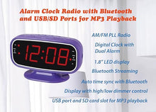 Load image into Gallery viewer, HANNLOMAX HX-153CR PLL AM/FM Radio Alarm Clock, 1.8&quot; LED Display, Bluetooth, Auto Time Sync with Bluetooth, USB Port and SD Card Slot for MP3 Playback, Hi-Lo Dimmer Control, AC Operation only (Purple)
