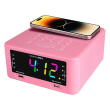 Load image into Gallery viewer, HANNLOMAX HX-206Wi Alarm Clock Radio with Wireless Charger, RGB Color Display, USB Port for Charging and MP3 Playback, Bluetooth, Soothing Sleep Sounds, Aux-in, AC Operation only. (Pink)
