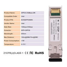 Load image into Gallery viewer, Wiitek 25G SFP28 SR SFP+ Optical Transceiver, 25GBase-SR SFP28 Module, 850nm MMF, up to 100meters, Compatible for Intel E25GSFP28SRX
