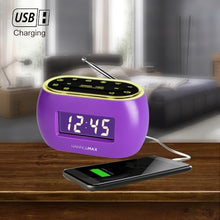 Load image into Gallery viewer, HANNLOMAX HX-161CR Portable PLL FM Radio Alarm Clock, LCD Display with Dimmer Function, 7 Colors RGB Night Light, USB Port for 1A Charging, Telescopic Antenna, AC/DC Operation only. (Purple)
