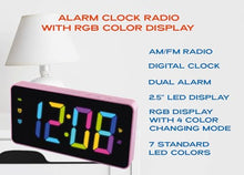 Load image into Gallery viewer, HANNLOMAX HX-160CR PLL FM Radio Alarm Clock, 2.5" LED Display with RGB Color (7 Regular Colors and 4 Dynamic Color Charging Mode), Display Dimmer Function, AC Operation only. (Pink)
