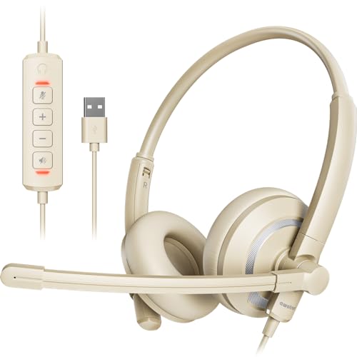 awatrue USB Headset with Microphone for PC Laptop - Headphones with Noise Cancelling Microphone for Computer,On-Ear Wired Office Call Center Headset for Boom Skype Webinars,Lightweight-Apricot