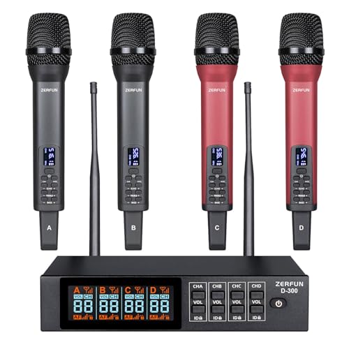ZERFUN Rechargeable Wireless Microphone System 4 Channel Pro, UHF Handheld Cordless Mics with VOL Echo Treble BASS Control, LCD Display, Frequency Lock, XLR, 1/4, 1/8 Output, D-300, Grey&Red
