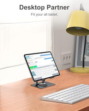 Load image into Gallery viewer, JUANWE Swivel iPad Stand for Desk, Aluminum Tablet Stand for Desk with 360 Rotating Base, Adjustable &amp; Foldable iPad Holder, Compatible with Tablets, Switch, Kindle, Phone
