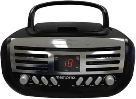 Memorex Retro Portable Top Loading CD Boombox with AM/FM Stereo Radio in Black | CD-R/CD-RW Compatible | LED Display | AUX Port Supported | Programmable CD Player