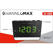 Load image into Gallery viewer, HANNLOMAX HX-128CR Alarm Clock Radio, PLL FM Radio, 1.2 inches Green LED Display, Dual Alarm, 6 Levels Night Light, USB Port for 1A Charging, AC/DC Adaptor Included
