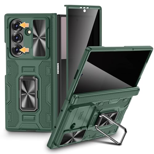 VEGO for Samsung Galaxy Z Fold 7 Case with Hinge Protection, Full-Body Case Built-in Privacy Screen Protector & Slide Camera Cover & Rotat Ring Stand Shockproof Hard Phone Case for Galaxy Fold 7-Green