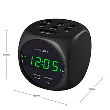Load image into Gallery viewer, HANNLOMAX HX-702C Digital Clock with Dual Alarm, 0.7" Green LED Display. Dual USB Ports (USB-A &amp; Type-C) for Charging, AC Operation only. (Black)
