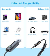 Load image into Gallery viewer, KAIY Bluetooth Aux Adapter for Car, AUX to Bluetooth 5.3 Receiver Hands-Free Calling, 3.5mm Wireless Audio Receiver USB-Powered, USB 2.0 to 3.5mm Jack Compatible with Car Speakers/Home Stereo
