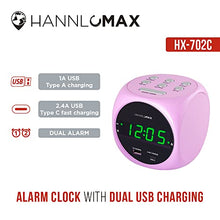 Load image into Gallery viewer, HANNLOMAX HX-702C Digital Clock with Dual Alarm, 0.7" Green LED Display. Dual USB Ports (USB-A &amp; Type-C) for Charging, AC Operation only. (Pink)
