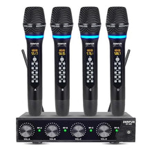 Load image into Gallery viewer, ZERFUN Pro Rechargeable Wireless Microphone System 4 Channel, UHF Metal Handheld Wireless Microphones Cordless Mics with Echo Treble BASS VOL Channel Control for Karaoke Singing Church(GT-200)
