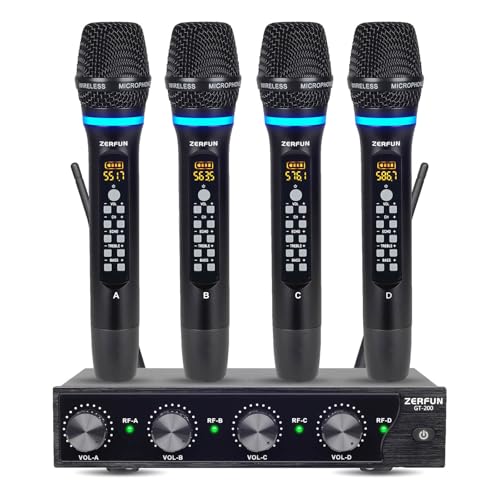 ZERFUN Pro Rechargeable Wireless Microphone System 4 Channel, UHF Metal Handheld Wireless Microphones Cordless Mics with Echo Treble BASS VOL Channel Control for Karaoke Singing Church(GT-200)