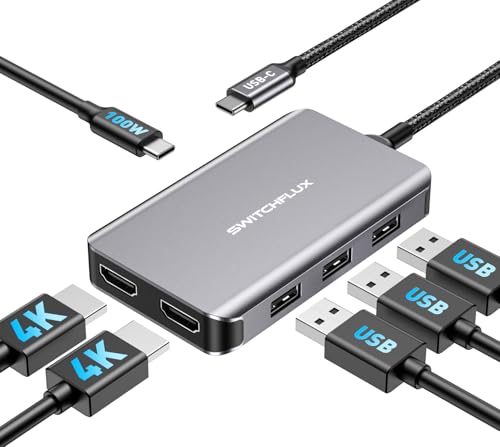 SWITCHFLUX USB C Docking Station Dual Monitors Adapter,6 in 1 USB C Hub for Dual 4K HDMI Display,USB C Hub with 2×HDMI,3×USB Port,100WPD Compatible for MacBook Air/Pro,Dell XPS,and More