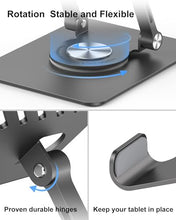 Load image into Gallery viewer, JUANWE Swivel iPad Stand for Desk, Aluminum Tablet Stand for Desk with 360 Rotating Base, Adjustable &amp; Foldable iPad Holder, Compatible with Tablets, Switch, Kindle, Phone
