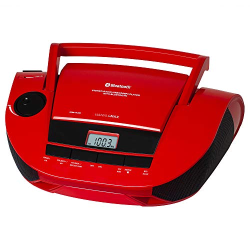 HANNLOMAX HX-328CD Portable CD Boombox with AM/FM Radio, Bluetooth, USB Port for MP3 Playback, Aux-in AC/DC Dual Power Source. (Red)