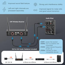 Load image into Gallery viewer, UHF Wireless Microphone System Set: Metal Cordless Handheld/Headset/Lavalier Lapel Mics, Bodypack Transmitter, Receiver - 2*15 Channels 200ft Range for Church, Karaoke Singing, DJ, Wedding, Speech
