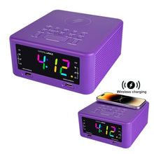 Load image into Gallery viewer, HANNLOMAX HX-206Wi Alarm Clock Radio with Wireless Charger, RGB Color Display, USB Port for Charging and MP3 Playback, Bluetooth, Soothing Sleep Sounds, Aux-in, AC Operation only. (Purple)
