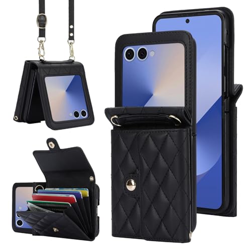 XIMAND for Samsung Galaxy Z Flip 7 Accordion Crossbody Wallet Case, 4 Card Slots, RFID Blocking, and Adjustable Strap - Stylish and Versatile Accessory.(Black)