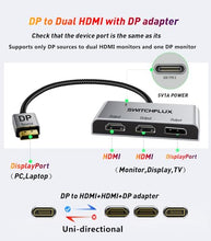 Load image into Gallery viewer, SWITCHFLUX DisplayPort to Dual HDMI with DP Adapter |4K@60Hz| Extended Display 1 in 3 Out MST Hub for Multiple Monitors Compatible with PC,NVIDIA/AMD Graphics Card
