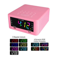 Load image into Gallery viewer, HANNLOMAX HX-206Wi Alarm Clock Radio with Wireless Charger, RGB Color Display, USB Port for Charging and MP3 Playback, Bluetooth, Soothing Sleep Sounds, Aux-in, AC Operation only. (Pink)
