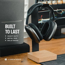 Load image into Gallery viewer, COREMINDED Universal Headphone Stand for Desk, Solid Wood Gaming Headset Stand, Heavy Duty Wooden Headphones Holder, Compatible with Airpods Max and More
