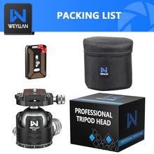 Load image into Gallery viewer, Low Profile Ball Head 52mm Tripod Head WEYLLAN DH52 Camera Head Mount, CNC Heavy Duty Ball Head with Two 1/4" Quick Release Plates, Panoramic Ballhead for Tripod, Monopod, DSLR, Max Load 66lbs /30kg
