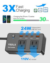 Load image into Gallery viewer, 300W Car Power Inverter - YSOLX Dual DC 12V to 110V AC Car Outlet Adapter to Wall Plug, 24W Fast Charging USB-C&amp;USB-A, Portable ?Charger Converter with for Laptops, Phones
