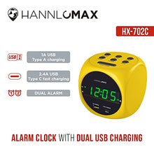 Load image into Gallery viewer, HANNLOMAX HX-702C Digital Clock with Dual Alarm, 0.7" Green LED Display. Dual USB Ports (USB-A &amp; Type-C) for Charging, AC Operation only. (Yellow)
