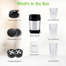 Load image into Gallery viewer, Nahida Blender for Smoothies, 1200W Smoothie Blender for Ice Crushing, Blenders with (2) 6-Fin Blades, Personal Blenders for Kitchen with 23oz, 32oz, 37oz Easy Go Cups for Juices, Silver
