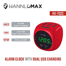 Load image into Gallery viewer, HANNLOMAX HX-702C Digital Clock with Dual Alarm, 0.7" Green LED Display. Dual USB Ports (USB-A &amp; Type-C) for Charging, AC Operation only. (Red)
