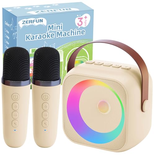 ZERFUN Mini Karaoke Machine Microphone for Kids Adults, Wireless Microphones Rechargeable with Bluetooth Speaker, Toys Gifts Presents for Girls Boys Toddler Birthday Christmas, Beige
