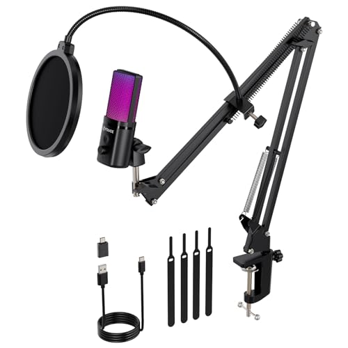 FDUCE Gaming USB Microphone, RGB Condenser mic with Mute, Gain, Monitoring, Boom Arm for Streaming, Podcast, Twitch, YouTube, PC, Computer, PS5, (M160+)
