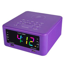 Load image into Gallery viewer, HANNLOMAX HX-206Wi Alarm Clock Radio with Wireless Charger, RGB Color Display, USB Port for Charging and MP3 Playback, Bluetooth, Soothing Sleep Sounds, Aux-in, AC Operation only. (Purple)
