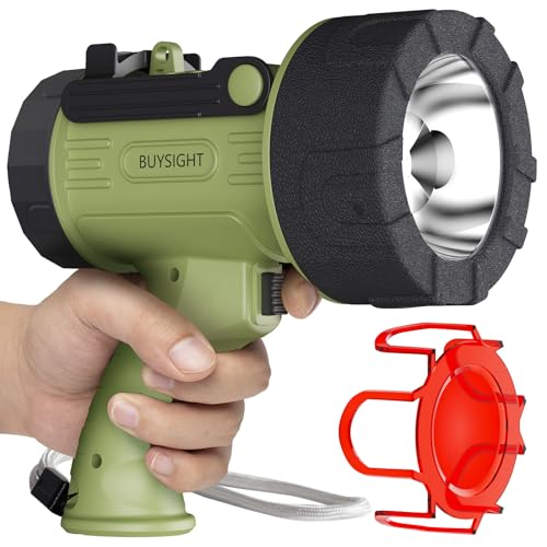 BUYSIGHT Rechargeable Spotlight Flashlight, 1500 lumens Hand held Spot Lights Waterproof led Flashlight Hunting Lamp with red Filter (Matcha Green)