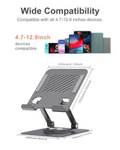 Load image into Gallery viewer, JUANWE Swivel iPad Stand for Desk, Aluminum Tablet Stand for Desk with 360 Rotating Base, Adjustable &amp; Foldable iPad Holder, Compatible with Tablets, Switch, Kindle, Phone
